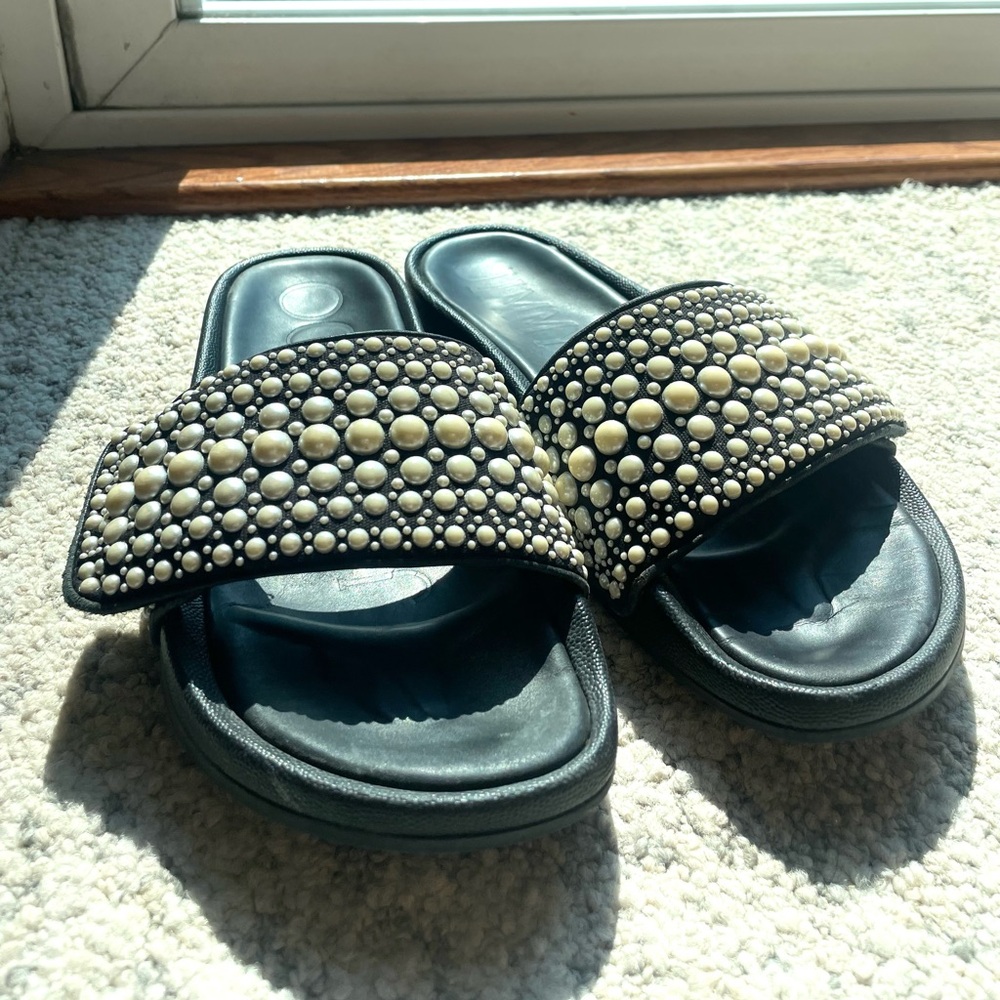 Jimmy Choo Black Canvas and Leather Slides with Pearls. Size 40